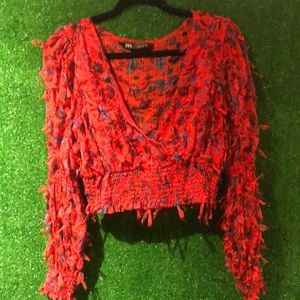 Zara woman’s v neck shear cropped blouse with detailed bows